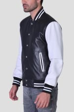 Mens Black Leather Varsity Jacket - Image 2