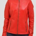 Red Collarless Leather Jacket
