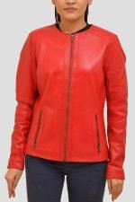 Red Collarless Leather Jacket