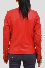 Red Collarless Leather Jacket - Image 2