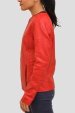 Red Collarless Leather Jacket - Image 3