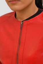 Red Collarless Leather Jacket - Image 4