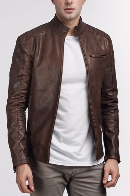 Urban Brown Rider Jacket front view with band collar and zipper closure