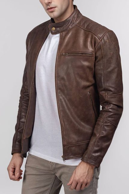 Side profile of Urban Brown Rider Jacket showcasing sleek brown leather and sleeves