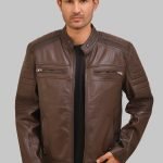 Maverick Brown Café Racer Leather Jacket crafted from premium real brown leather featuring a classic café racer design, erect collar, zipper closure, and modern biker styling details.