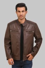 Maverick Brown Café Racer Leather Jacket crafted from premium real brown leather featuring a classic café racer design, erect collar, zipper closure, and modern biker styling details.