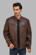 Maverick Brown Café Racer Leather Jacket crafted from premium real brown leather featuring a classic café racer design, erect collar, zipper closure, and modern biker styling details.