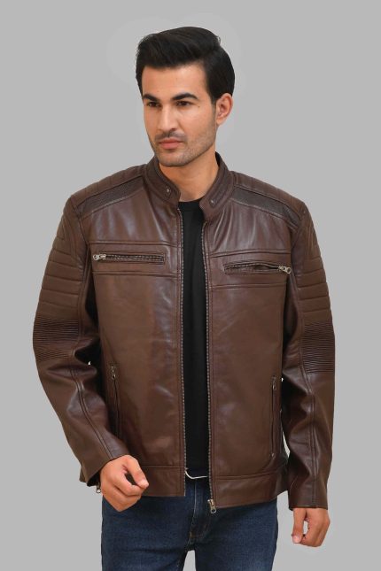 Maverick Brown Café Racer Leather Jacket crafted from premium real brown leather featuring a classic café racer design, erect collar, zipper closure, and modern biker styling details.