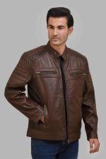 Maverick Brown Café Racer Leather Jacket crafted from premium real brown leather featuring a classic café racer design, erect collar, zipper closure, and modern biker styling details.