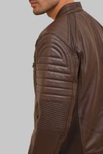 Maverick Brown Café Racer Leather Jacket crafted from premium real brown leather featuring a classic café racer design, erect collar, zipper closure, and modern biker styling details.