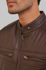 Maverick Brown Café Racer Leather Jacket crafted from premium real brown leather featuring a classic café racer design, erect collar, zipper closure, and modern biker styling details.
