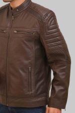Maverick Brown Café Racer Leather Jacket crafted from premium real brown leather featuring a classic café racer design, erect collar, zipper closure, and modern biker styling details.