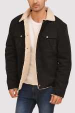 Black Suede Shearling-Lined Trucker Jacket