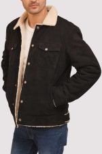 Black Suede Shearling-Lined Trucker Jacket - Image 2