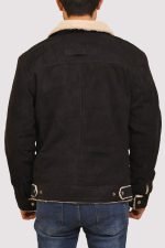 Black Suede Shearling-Lined Trucker Jacket - Image 3