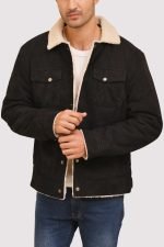 Black Suede Shearling-Lined Trucker Jacket - Image 4