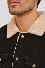 Black Suede Shearling-Lined Trucker Jacket - Image 5