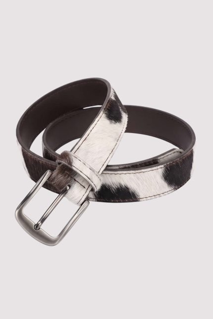 Genuine hair-on cowhide leather belt with natural black and brown hide markings