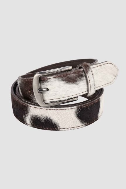 Genuine hair-on cowhide leather belt with natural black and brown hide markings