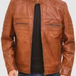 Vintage Tan Moto Racer Leather Jacket crafted from premium real leather with a classic racer design