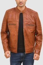 Vintage Tan Moto Racer Leather Jacket crafted from premium real leather with a classic racer design
