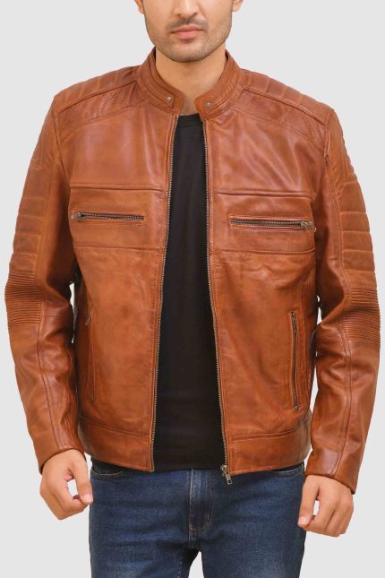 Vintage Tan Moto Racer Leather Jacket crafted from premium real leather with a classic racer design