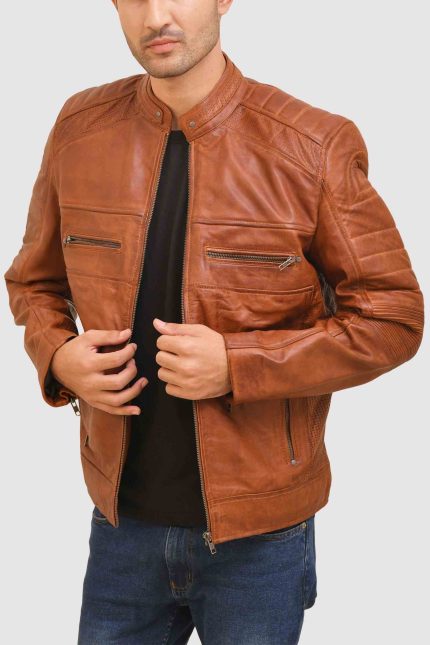 Vintage Tan Moto Racer Leather Jacket crafted from premium real leather with a classic racer design