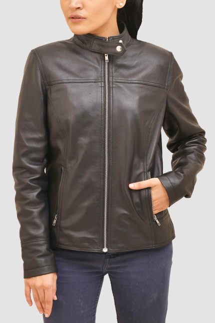 Black Signature Moto Jacket crafted from genuine leather with stand-up belt collar