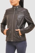 Black Signature Moto Jacket crafted from genuine leather with stand-up belt collar