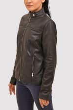 Black Signature Moto Jacket crafted from genuine leather with stand-up belt collar