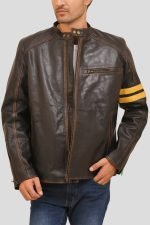 Distressed Brown Leather Racer Jacket