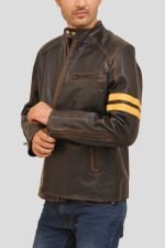 Distressed Brown Leather Racer Jacket