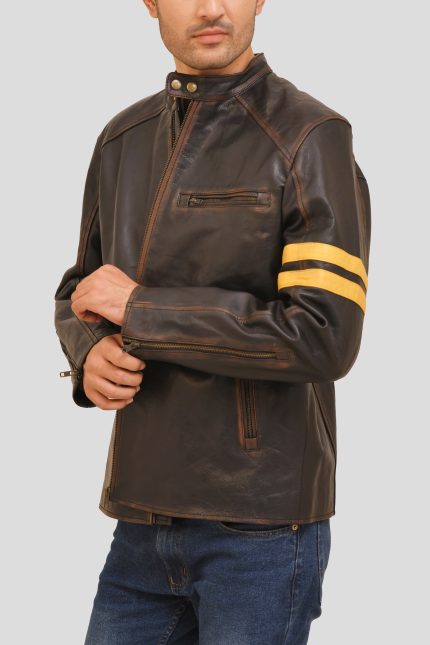 Distressed Brown Leather Racer Jacket