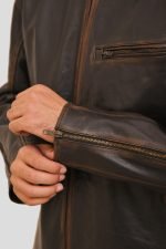 Distressed Brown Leather Racer Jacket