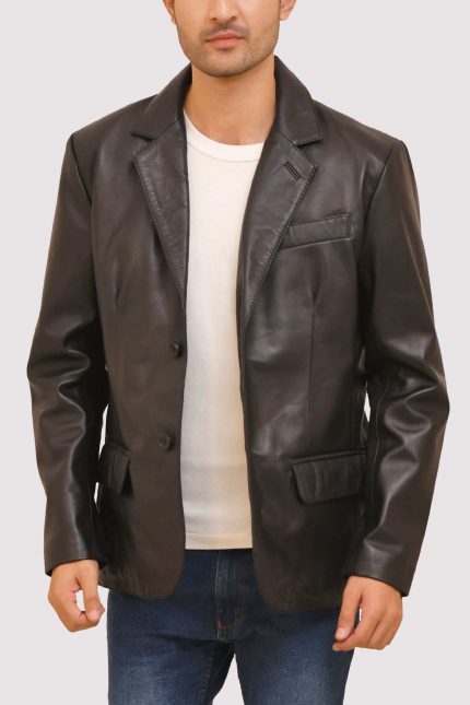 Men Black Blazer with notch lapel, two-button front closure, and tailored fit.