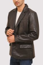 Men Black Blazer with notch lapel, two-button front closure, and tailored fit.
