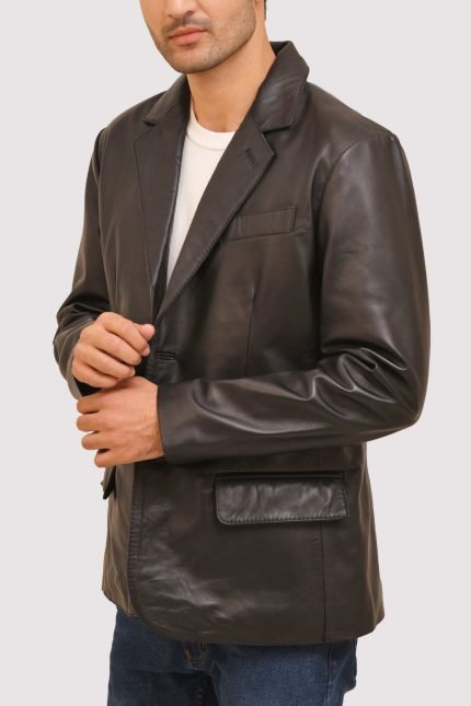 Men Black Blazer with notch lapel, two-button front closure, and tailored fit.