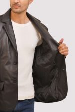 Men Black Blazer with notch lapel, two-button front closure, and tailored fit.