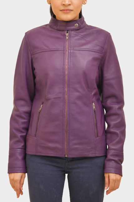 Slim Fit Purple Leather Moto Jacket crafted from genuine leather with a sleek moto design